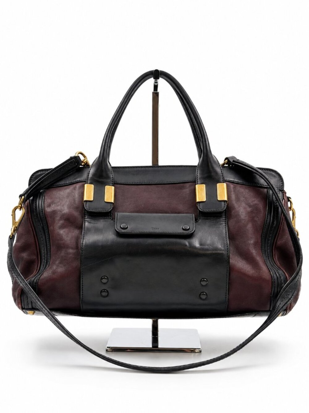 Chloe Alice Leather Satchel Bag Black Burgundy Top Handle Shoulder Strap